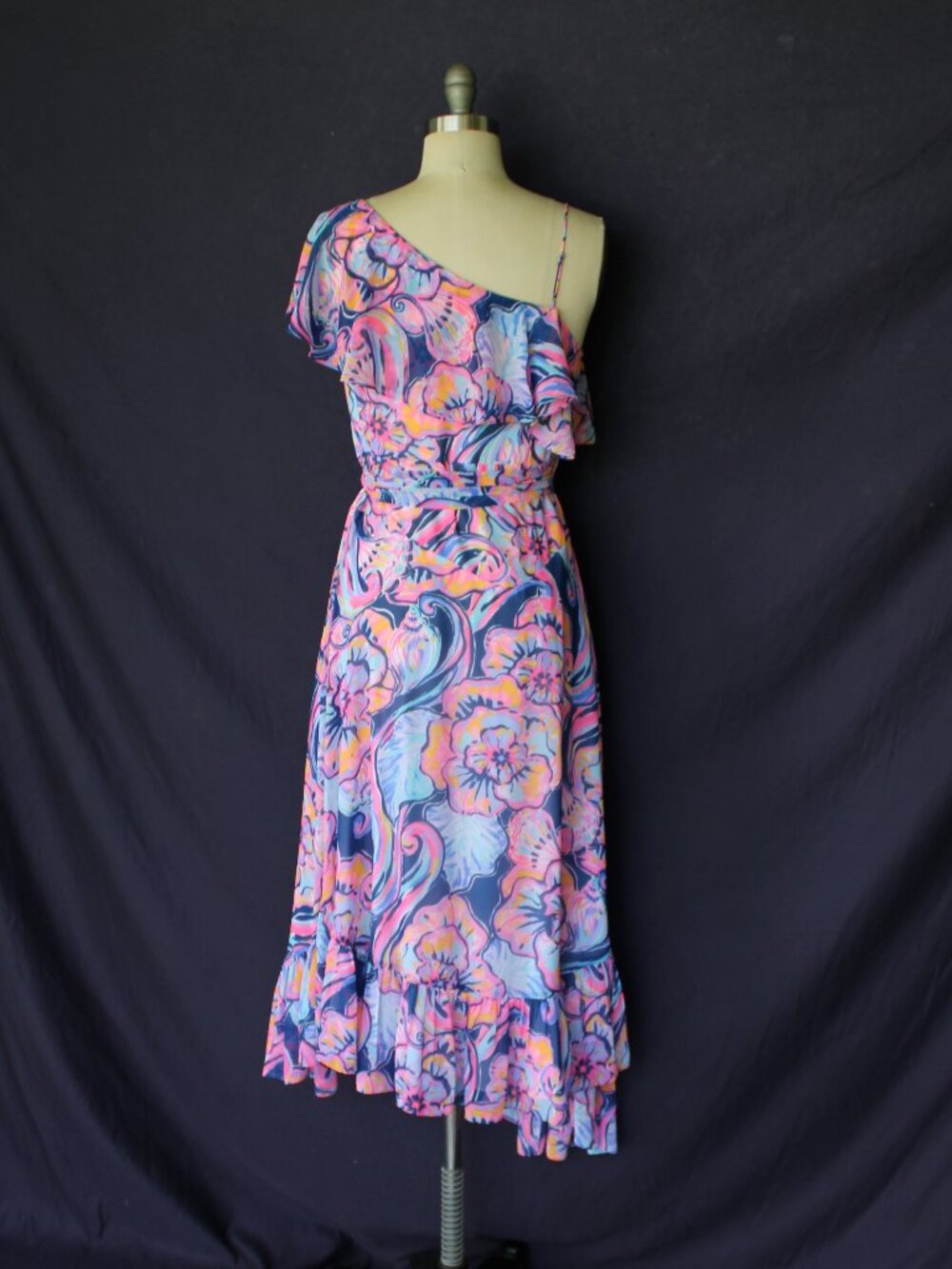 Lilly Pulitzer Marianna Wrap midi Dress Nauti Navy Boho Bateau Floral ruffle S - Picture 10 of 12